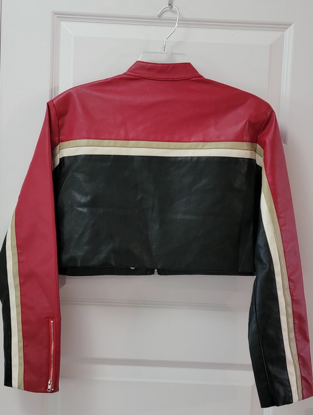 Red Black Faux Leather Short Jacket Streetwear Snap Zipper Stand Neck Outerwear - Picture 3 of 9